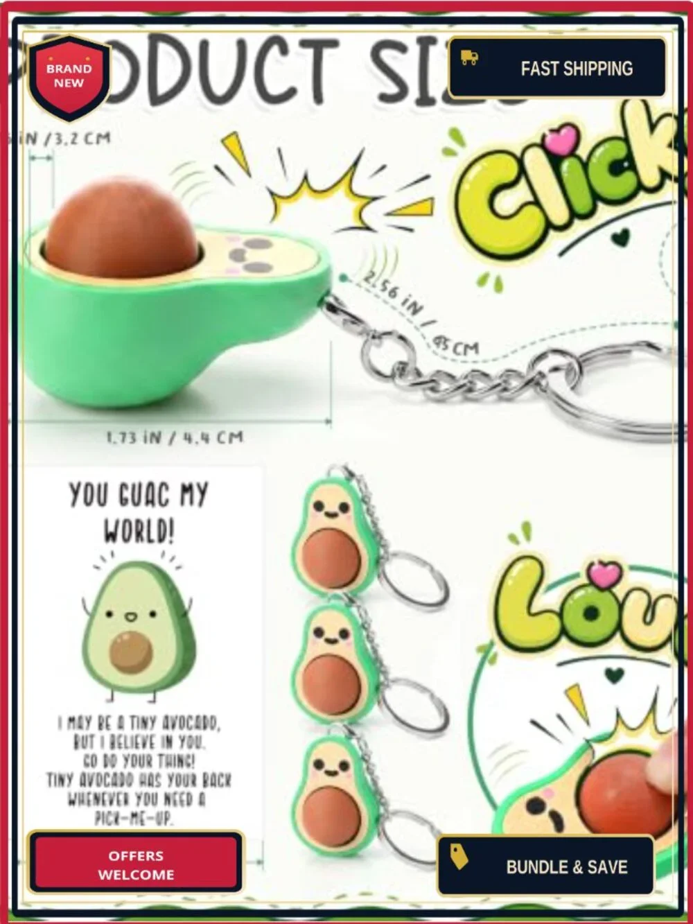 24 Pack 3D Avocado Fidget Keychains with Cards, Stress Relief Toy for Adults,